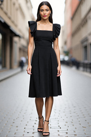 A Line Black Square Neck Satin Midi Work Dress with Ruffles